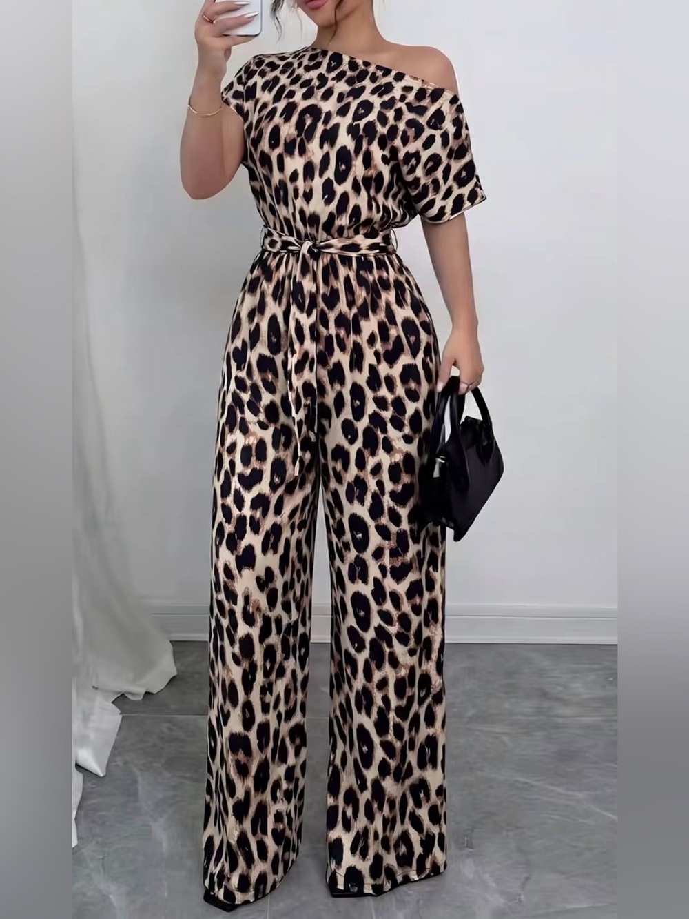 Leopard Print One-Shoulder Jumpsuit in Beige & Black
